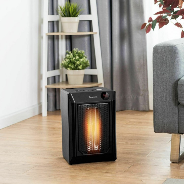 Portable 1500 W electric quartz space heater with remote control, compact design, and integrated carry handle for easy.