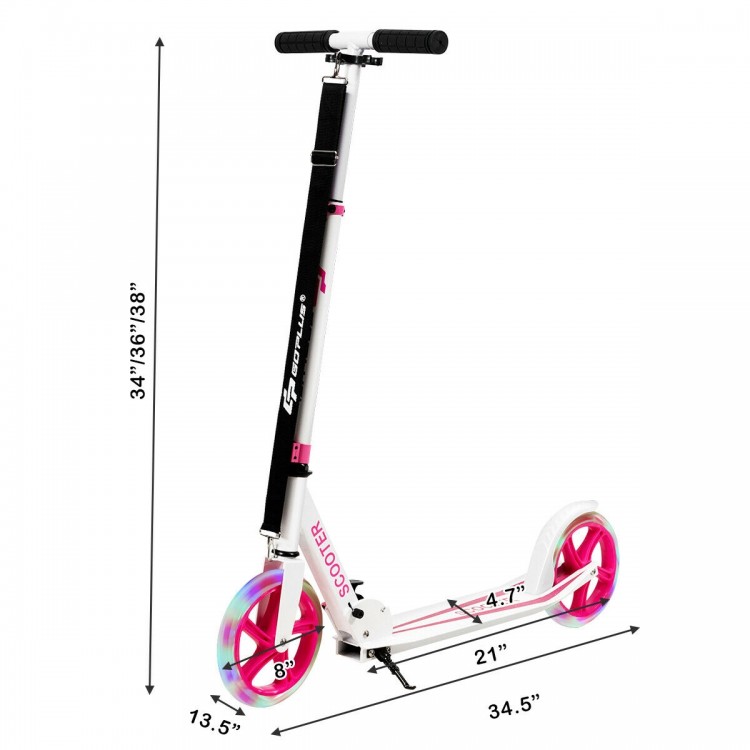 Side view of the pink Portable Folding Sports Kick Scooter with LED wheels, highlighting the adjustable height settings.
