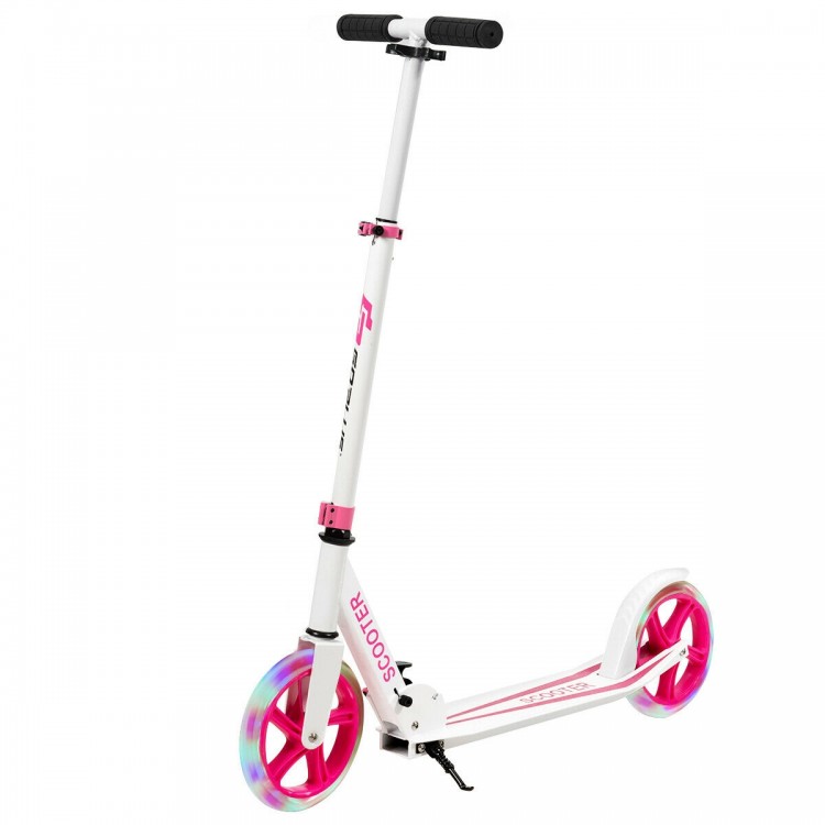 Portable folding sports kick scooter with vibrant pink LED wheels, featuring a sturdy kickstand and lightweight.