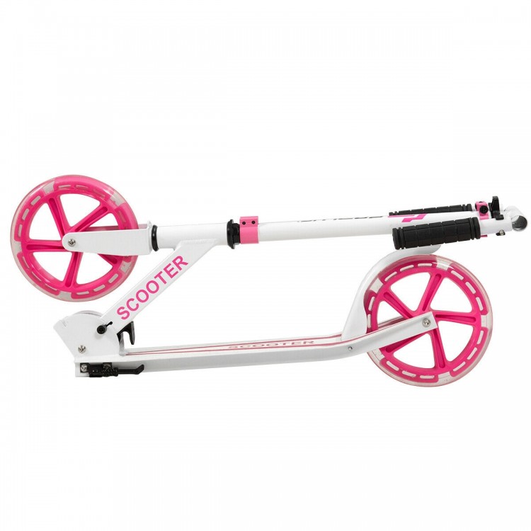 Folding pink sports kick scooter with LED wheels, adjustable height, and convenient carry strap for kids.