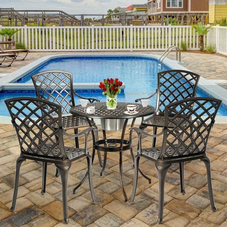 Outdoor aluminum dining set featuring two ergonomic patio chairs with a stylish hollow back design, perfect for outdoor.