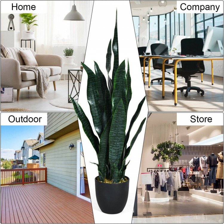 35.5-inch indoor-outdoor artificial snake plant in a sturdy pot, featuring realistic leaves for natural decor.