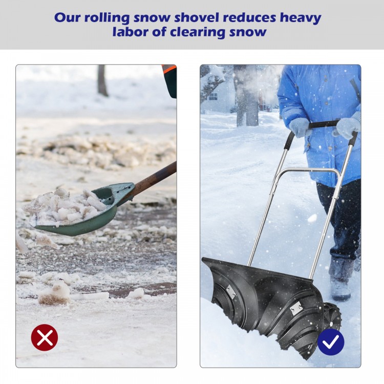 Rolling snow pusher shovel with adjustable handle and anti-slip wheels for effortless snow clearing.