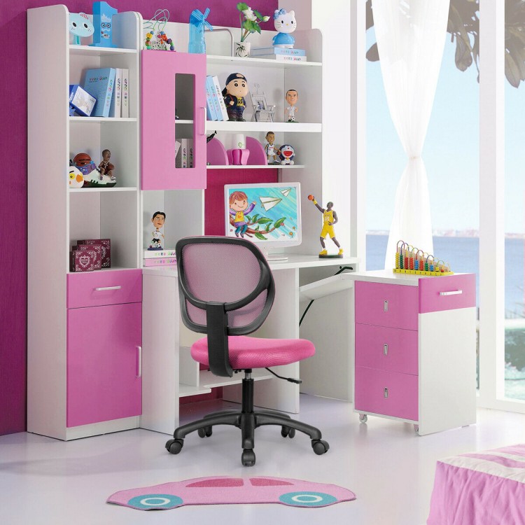 Low-back pink computer task chair with ergonomic mesh backrest and adjustable height, perfect for children's rooms or.