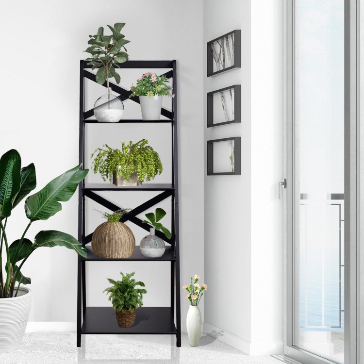 4-tier ladder bookshelf in black with plants, made of durable MDF, perfect for modern home or office storage.