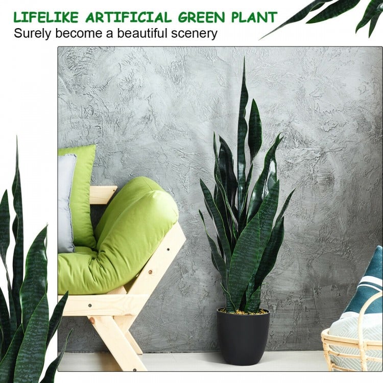 Lifelike 35.5-inch artificial snake plant in a sturdy pot, perfect for indoor and outdoor decor with vivid green leaves.