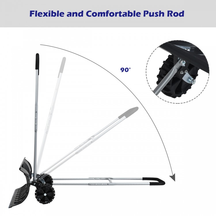 Rolling snow pusher shovel with adjustable handle, featuring flexible push rod and anti-slip wheels for easy snow.