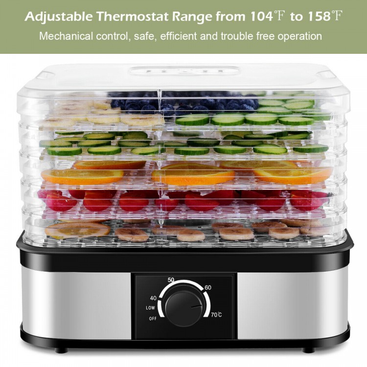 5 tray food dehydrator showing stackable trays filled with assorted fruits and vegetables for efficient drying and.