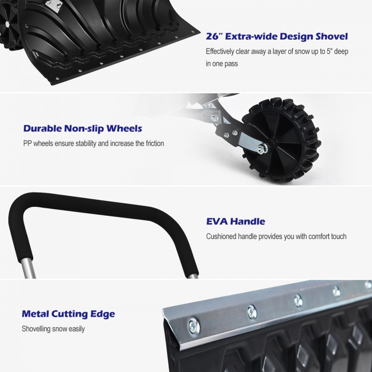 Rolling snow pusher shovel with adjustable handle, durable non-slip wheels, and cushioned EVA handle for easy snow.