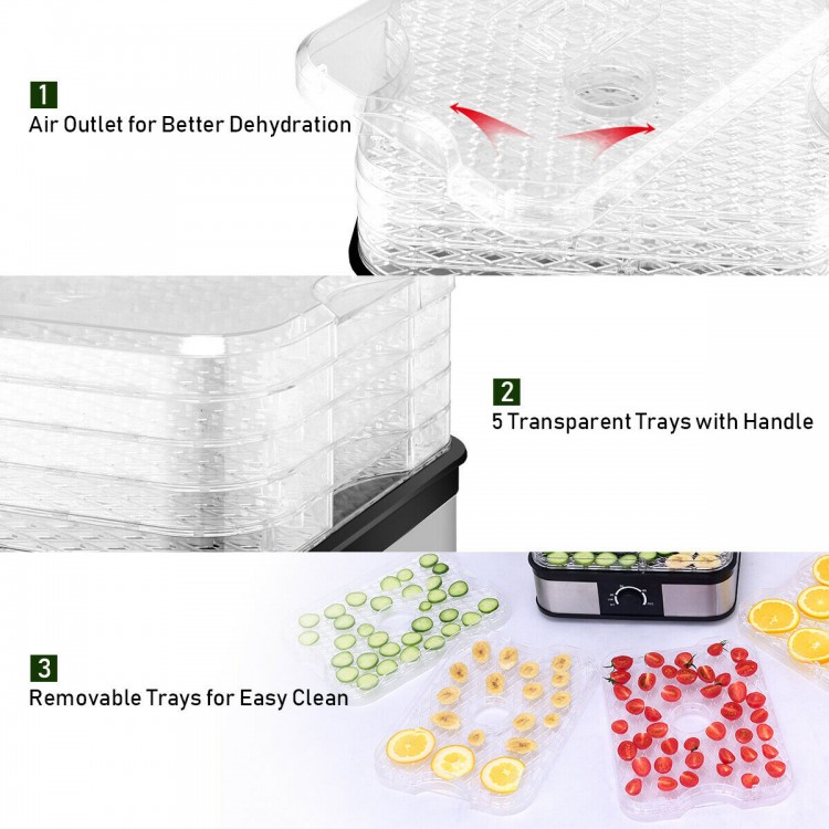 Transparent trays of the 5 Tray Temperature Control Fruit Vegetable Dryer, showcasing removable design for easy.