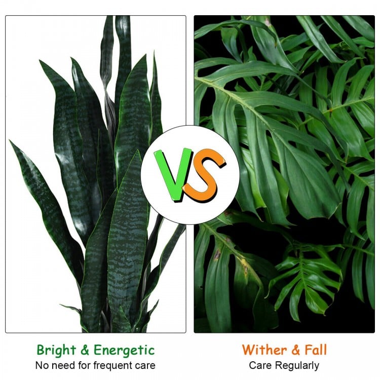 35.5-inch artificial snake plant with 20 vivid leaves, perfect for indoor and outdoor decor without maintenance.