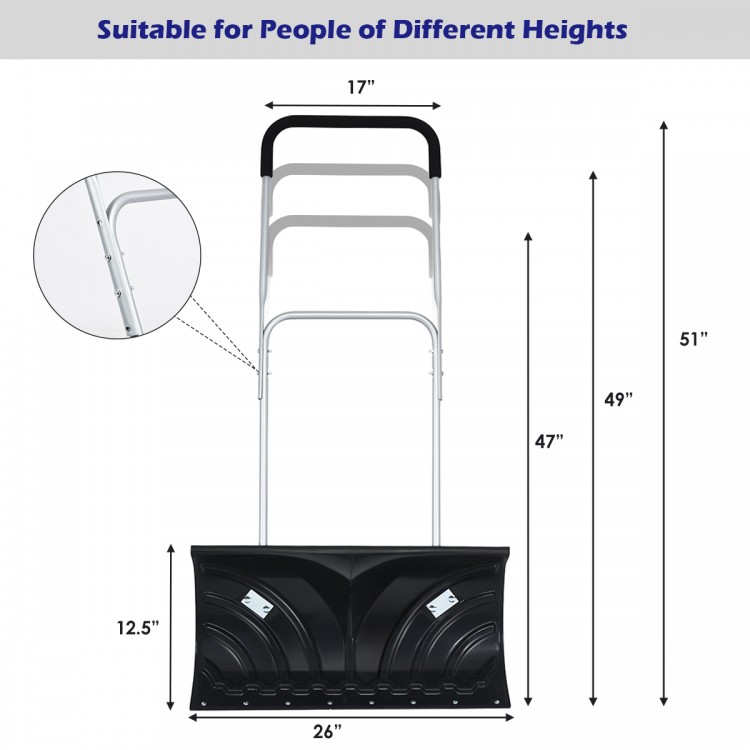 Adjustable handle rolling snow pusher shovel with anti-slip wheels, 26-inch blade for effortless snow removal.