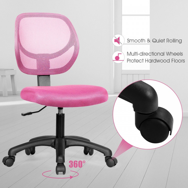 Pink low-back computer task chair with breathable mesh backrest and 360-degree swivel, perfect for children's rooms and.