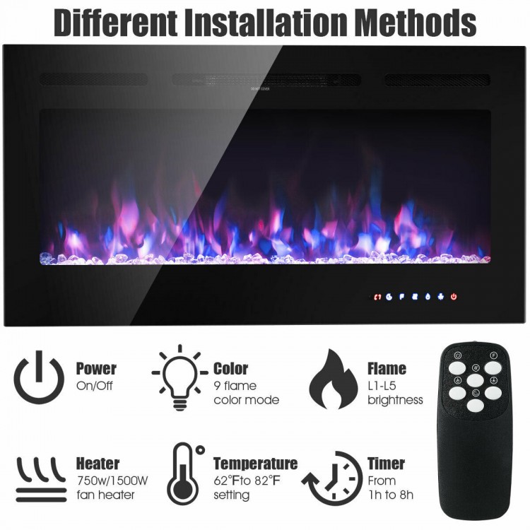 40-inch electric fireplace with tempered glass, 9 flame colors, remote control, and adjustable temperature for cozy.