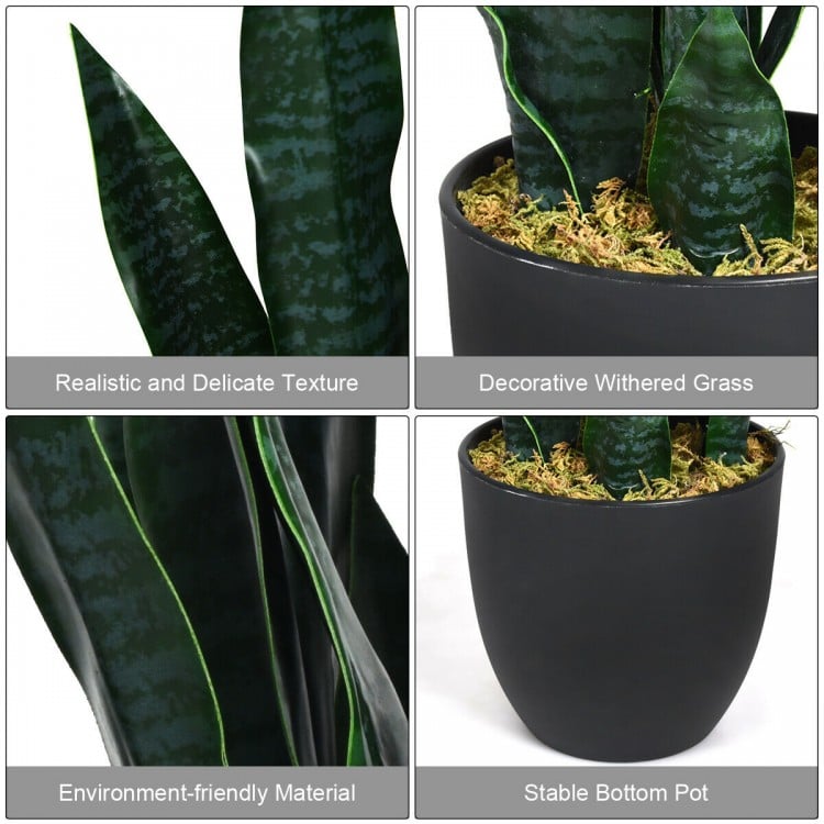 Close-up of the 35.5-inch artificial snake plant with realistic leaves in a stable pot, perfect for indoor and outdoor.