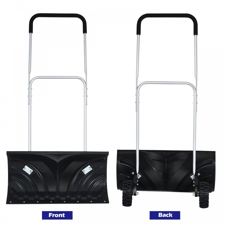 Rolling snow pusher shovel with adjustable handle, featuring a tough blade and anti-slip wheels for easy snow removal.