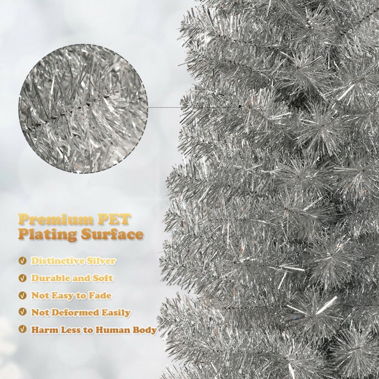 Slim pencil-shaped 6 feet silver tinsel Christmas tree with durable PET plating, ideal for narrow spaces and festive.