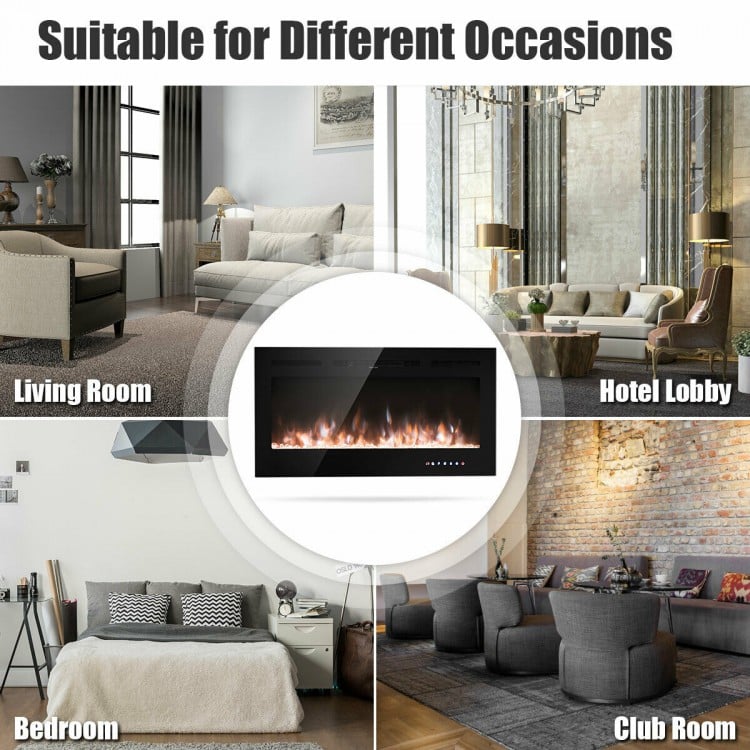 40-inch recessed electric fireplace with crystal decoration, remote control, and adjustable flame colors for versatile.