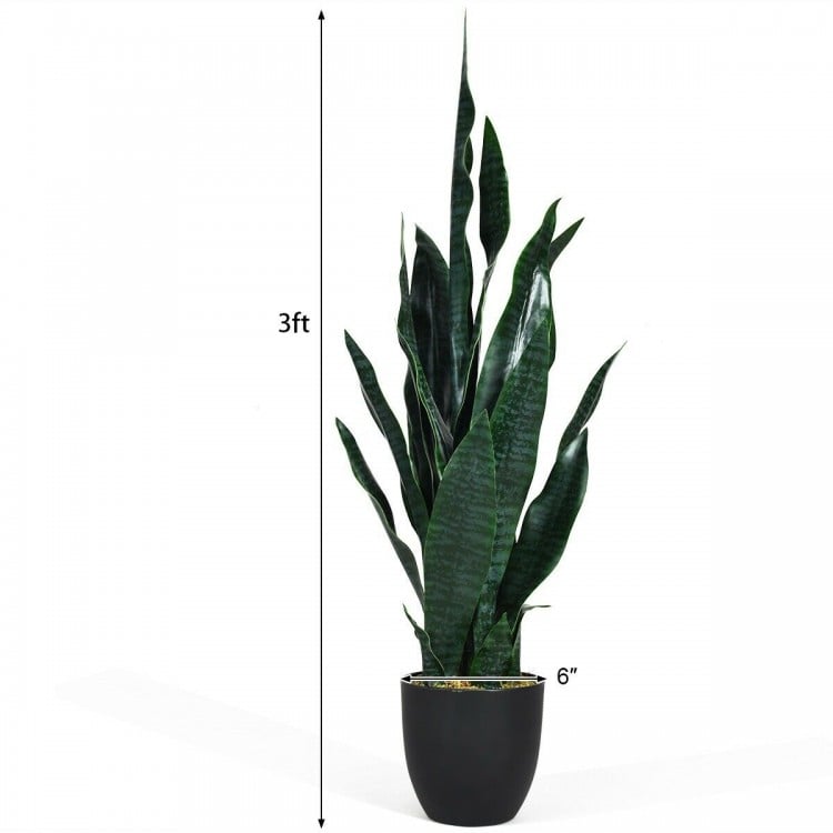Indoor-outdoor artificial snake plant with 20 vivid leaves in a sturdy pot, perfect for any decor. 3ft tall.