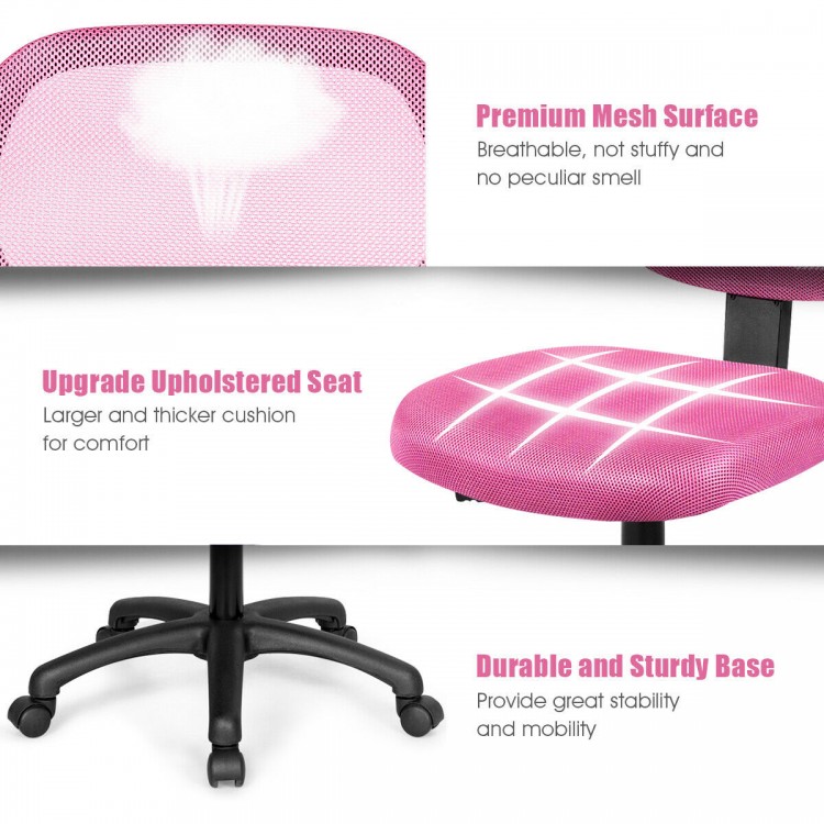Low-back pink office chair with breathable mesh backrest and cushioned seat, ideal for ergonomic comfort and mobility.