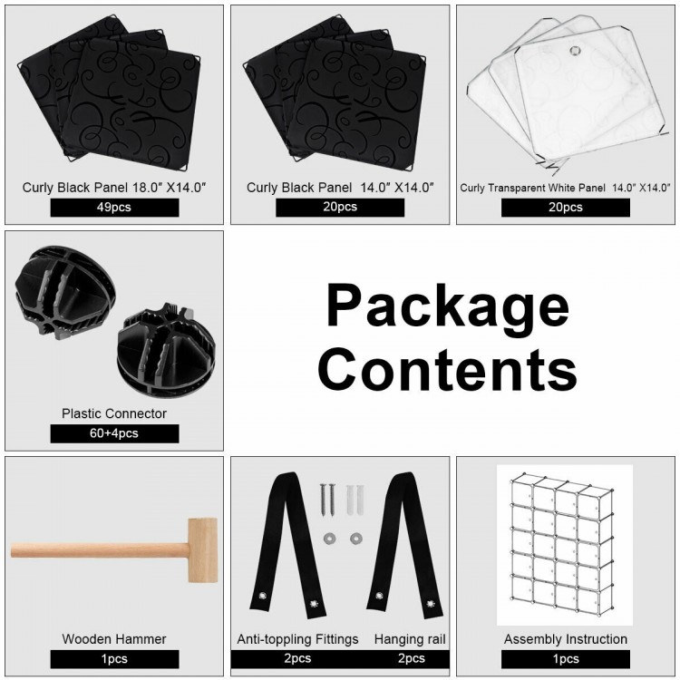 Curly black and transparent white panels for the 20-cube DIY plastic storage organizer, ideal for versatile home decor.