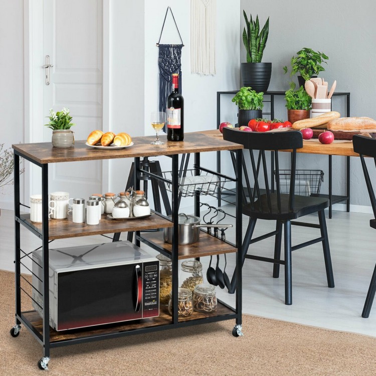 Rolling industrial kitchen baker’s storage shelf with three tiers, mesh basket, and wheels for easy mobility in any.