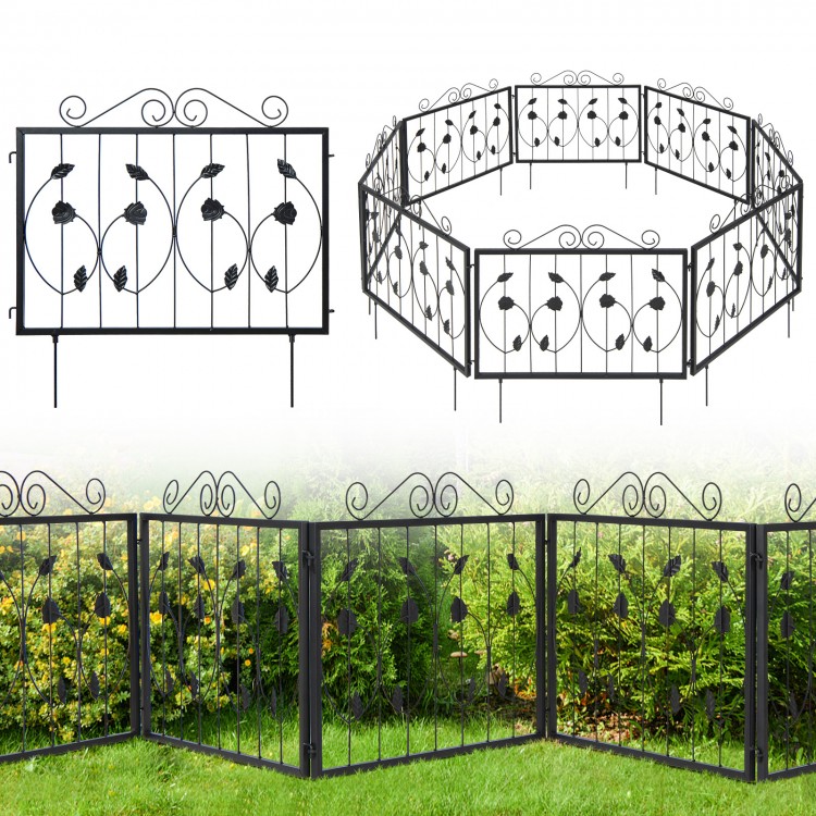 Decorative black garden fence with 8 interlocking panels, customizable shapes for garden borders and animal barriers.