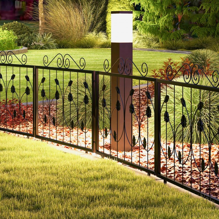 Decorative black garden fence with 8 interlocking panels, ideal for customizing garden borders and animal barriers.