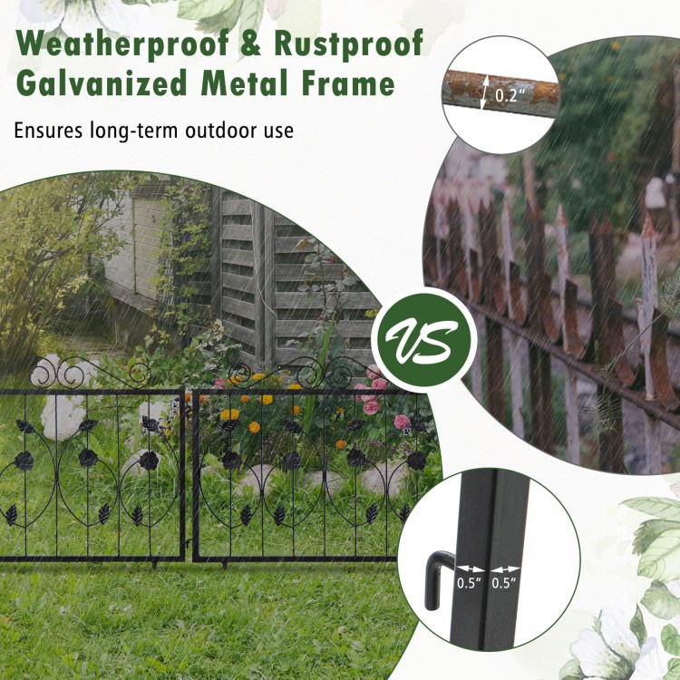 Decorative black garden fence with 8 panels, made of galvanized metal, ideal for customizing garden borders and animal.