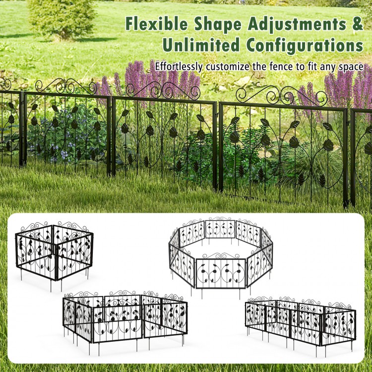 Decorative garden fence with 8 panels in black, customizable shapes, made of heavy-duty galvanized metal for durability.