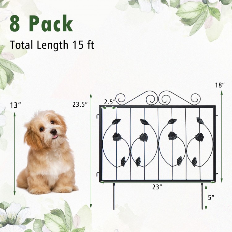 Decorative black garden fence with 8 panels, 15 ft total length, flexible design for customizing garden borders.