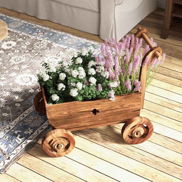 Decorative wooden wagon cart in rustic brown with flowers, featuring wheels and drainage hole for versatile plant.