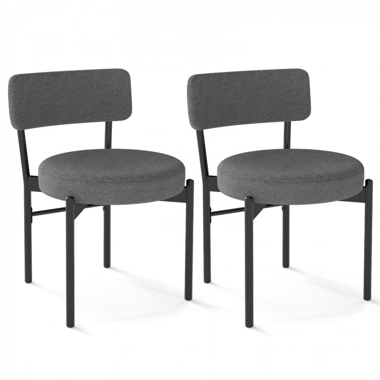 Set of 2 gray dining chairs with padded seats and curved backrests, featuring sturdy powder-coated metal legs.