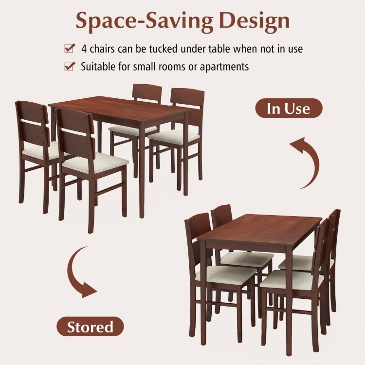5-piece walnut dining table set with 4 chairs, featuring space-saving design for small rooms and comfort during meals.