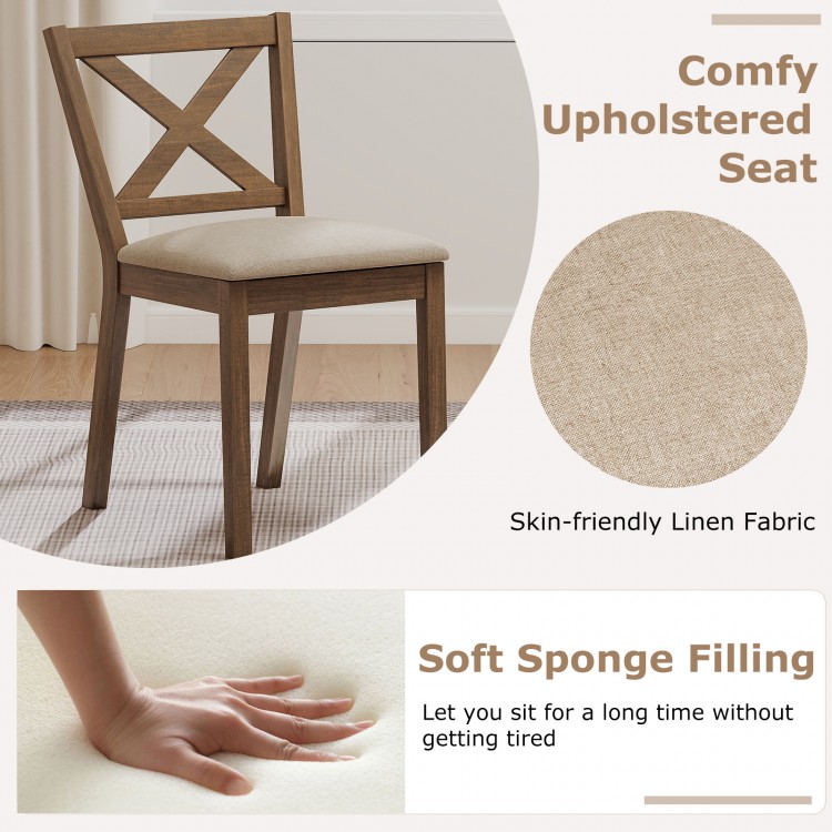 Modern dining chair with upholstered seat in brown, featuring a breathable X-shaped backrest for comfort and support.