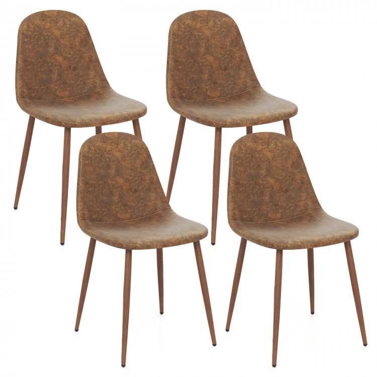 Set of 4 brown faux PU leather dining chairs with metal legs, featuring curved seats for comfort and stability.