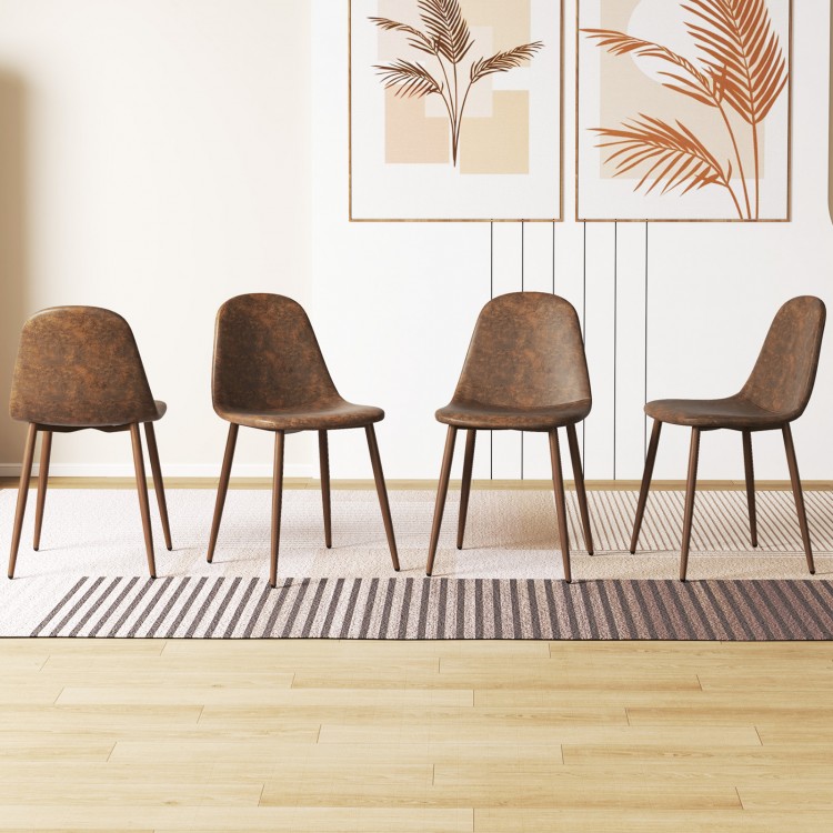 Set of 4 brown faux PU leather dining chairs with metal legs, featuring curved seats and adjustable footpads for.