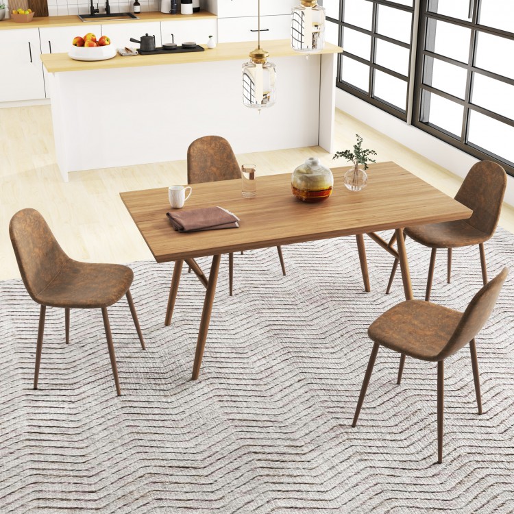 Brown faux PU leather dining chair set of 4 with metal legs, featuring curved seats and a stylish wood grain finish.