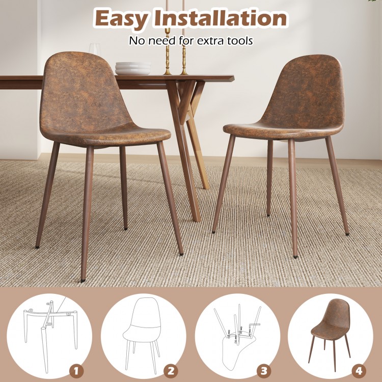 Set of 4 brown faux PU leather dining chairs with metal legs, featuring curved seats and easy installation for.
