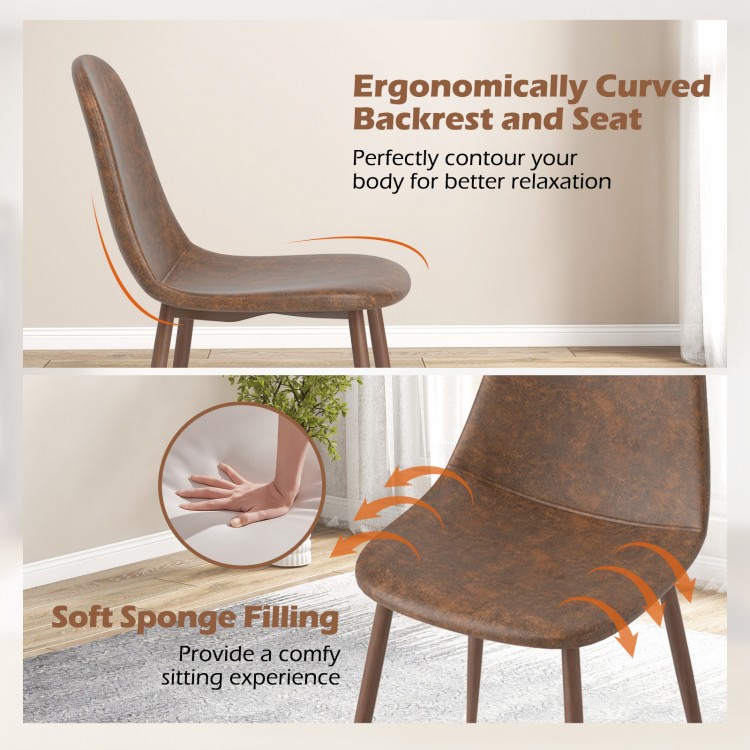 Curved backrest and seat of a brown faux PU leather dining chair, featuring soft sponge filling for comfort.