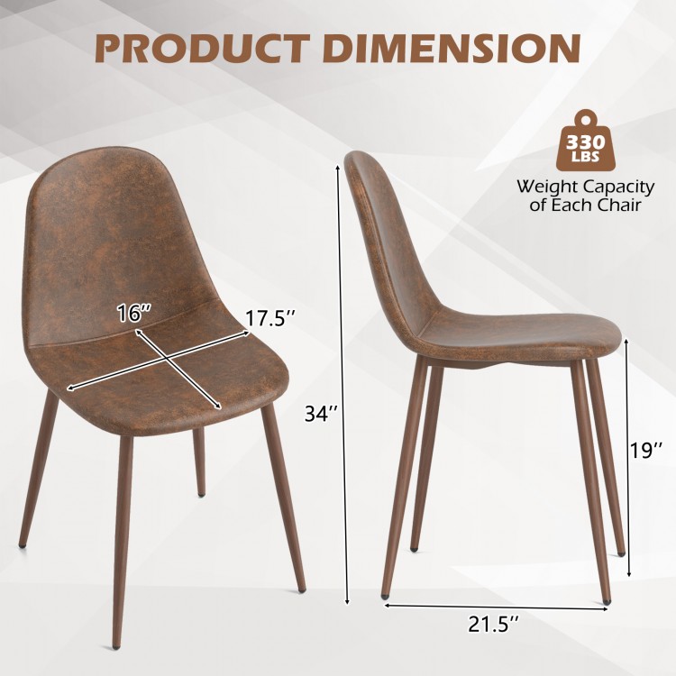 Product dimensions of a brown faux PU leather dining chair with metal legs, featuring a 330 lbs weight capacity.