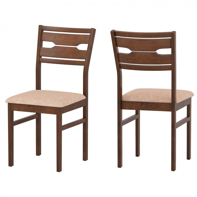 Set of two dining chairs with rubber wood frame, padded seat, and ergonomic backrest for comfortable seating.