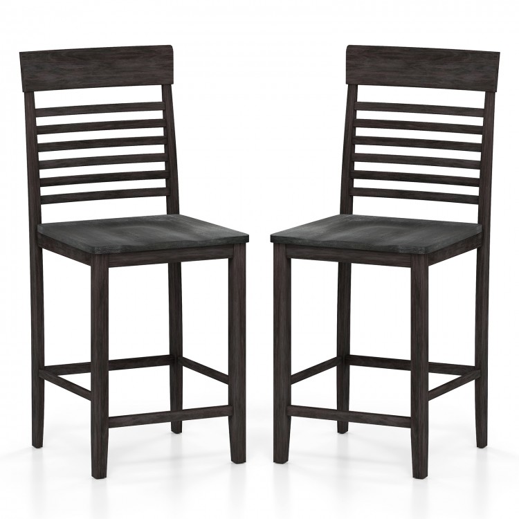 Set of 2 gray dining chairs with slatted backrests, solid rubber wood frame, and footrests for enhanced comfort.