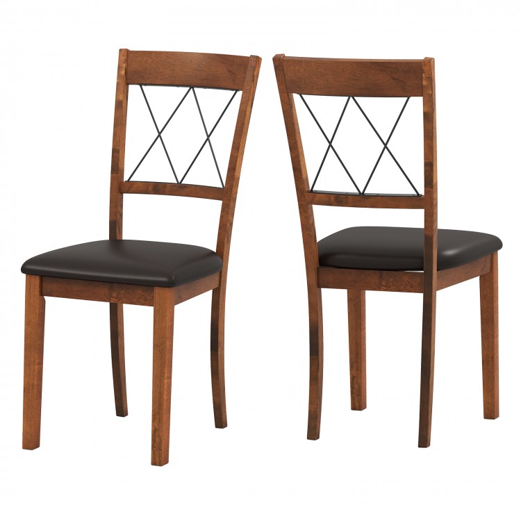 Set of 2 walnut dining chairs with rubber wood frame and cross back design, featuring padded seats for comfort.