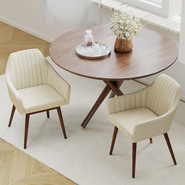 Beige upholstered dining chairs set of 2 with rubber wood legs, comfy backrest, and armrests for versatile seating.