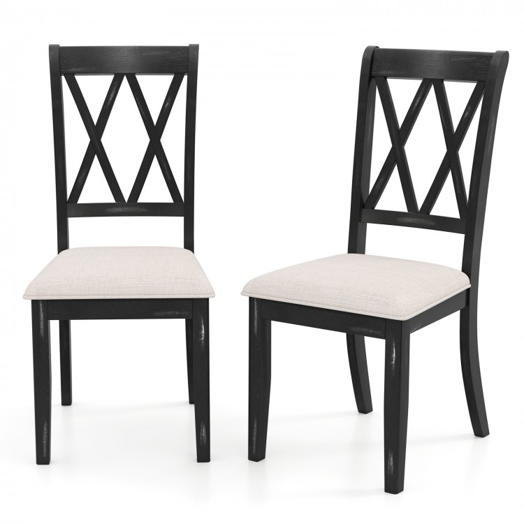 Set of 2 dining chairs with curved cross back, rubber wood legs, and beige upholstered seats for dining rooms or.