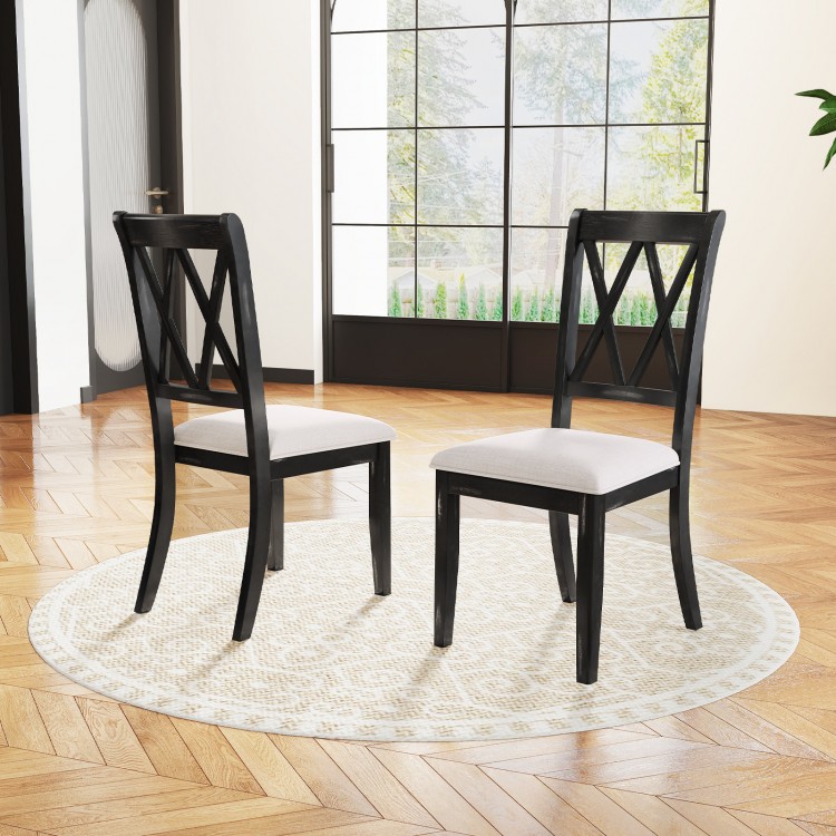 Set of 2 dining chairs with curved cross back, rubber wood legs, and beige upholstered seats for stylish dining spaces.