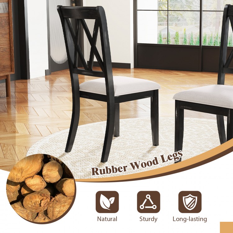 Curved cross back dining chairs set of 2 with beige upholstered seats and sturdy rubber wood legs for dining rooms.