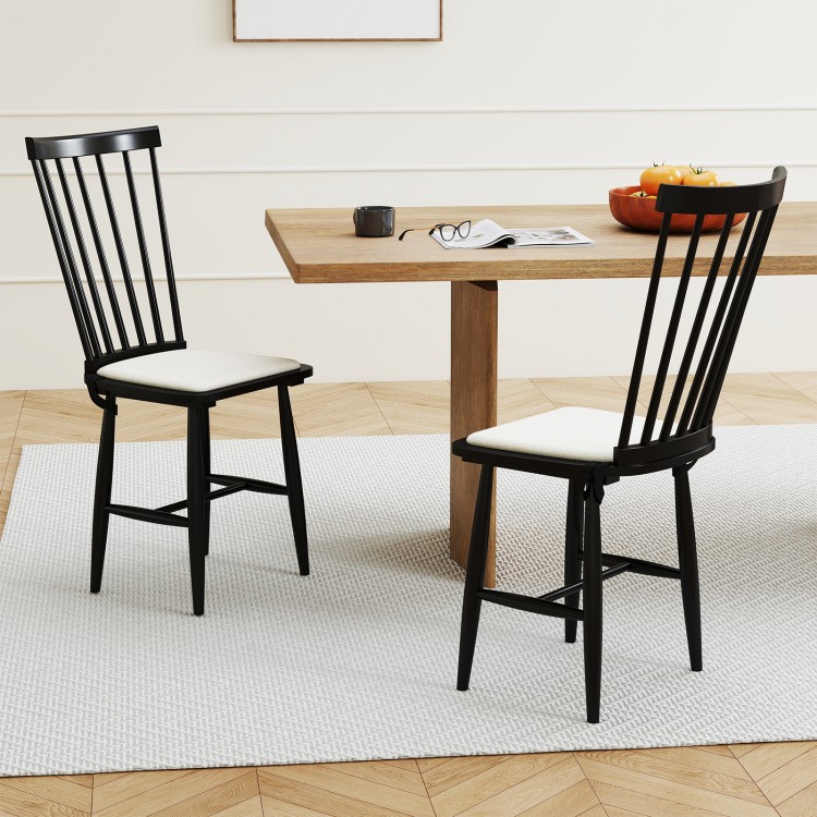 Black Windsor dining chairs set of 2 with removable cushions, featuring solid rubber wood construction for dining rooms.