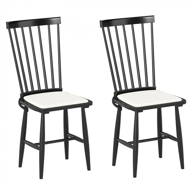 Set of 2 black Windsor dining chairs with removable seat cushions, solid rubber wood, perfect for kitchens or dining.